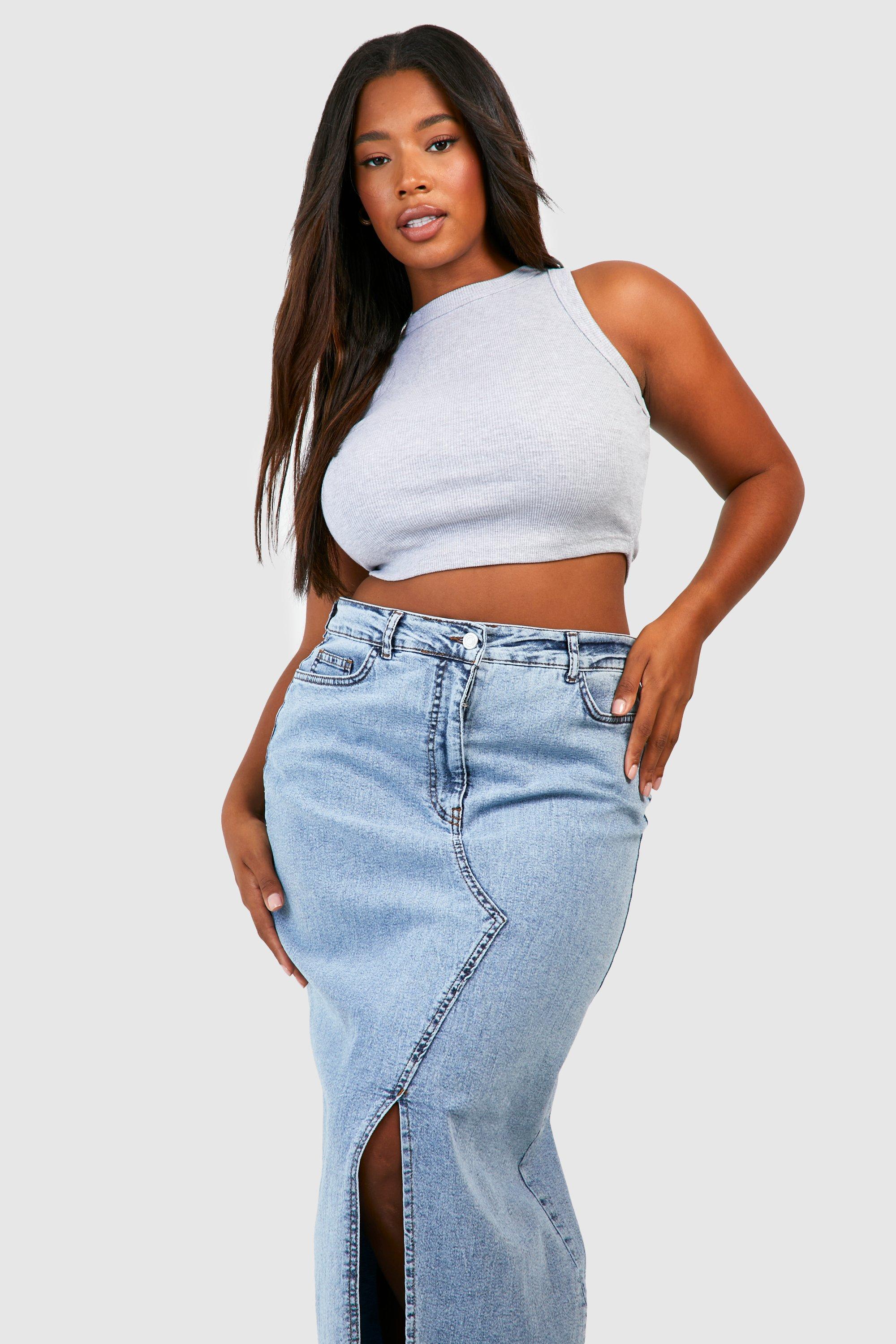 Plus High Waisted Split Front Denim Maxi Skirt